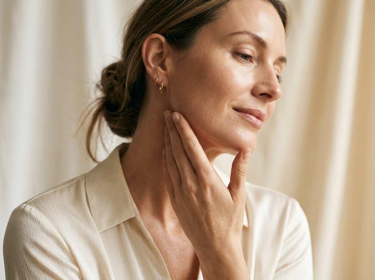 Woman touching smooth jawline showing beautiful skin results
