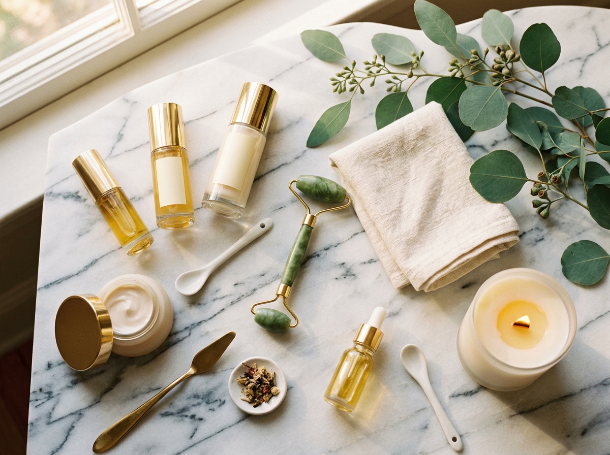 Luxury skincare products flat lay on marble surface