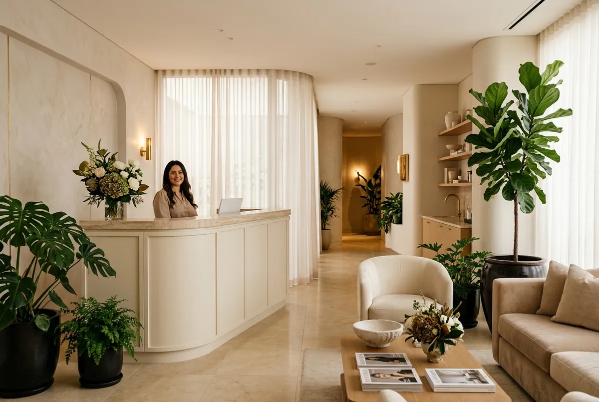 Elegant warm med spa reception and lobby with lush plants and soft natural light