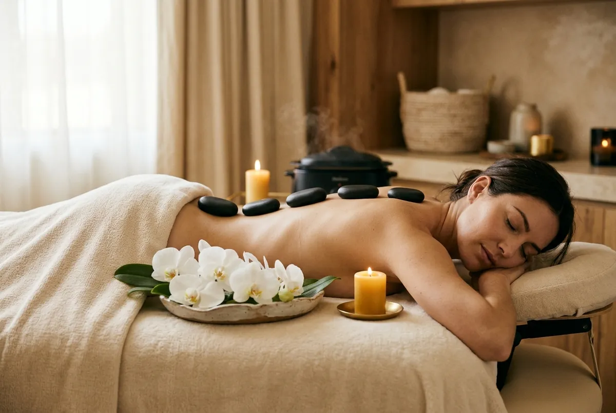 Warm basalt stones arranged along a relaxed woman's back beside white orchids