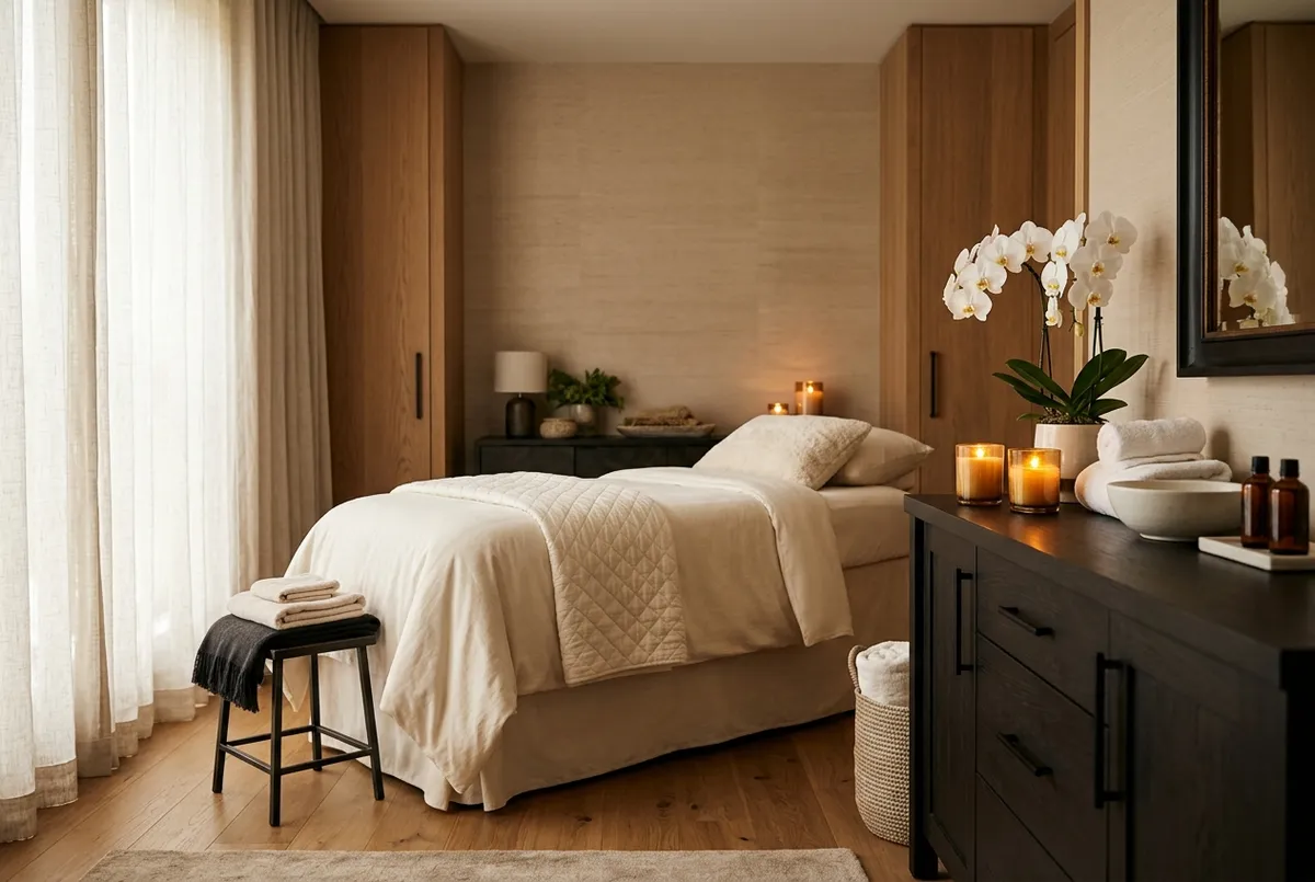 Inviting luxury med spa treatment room with candles and white orchids