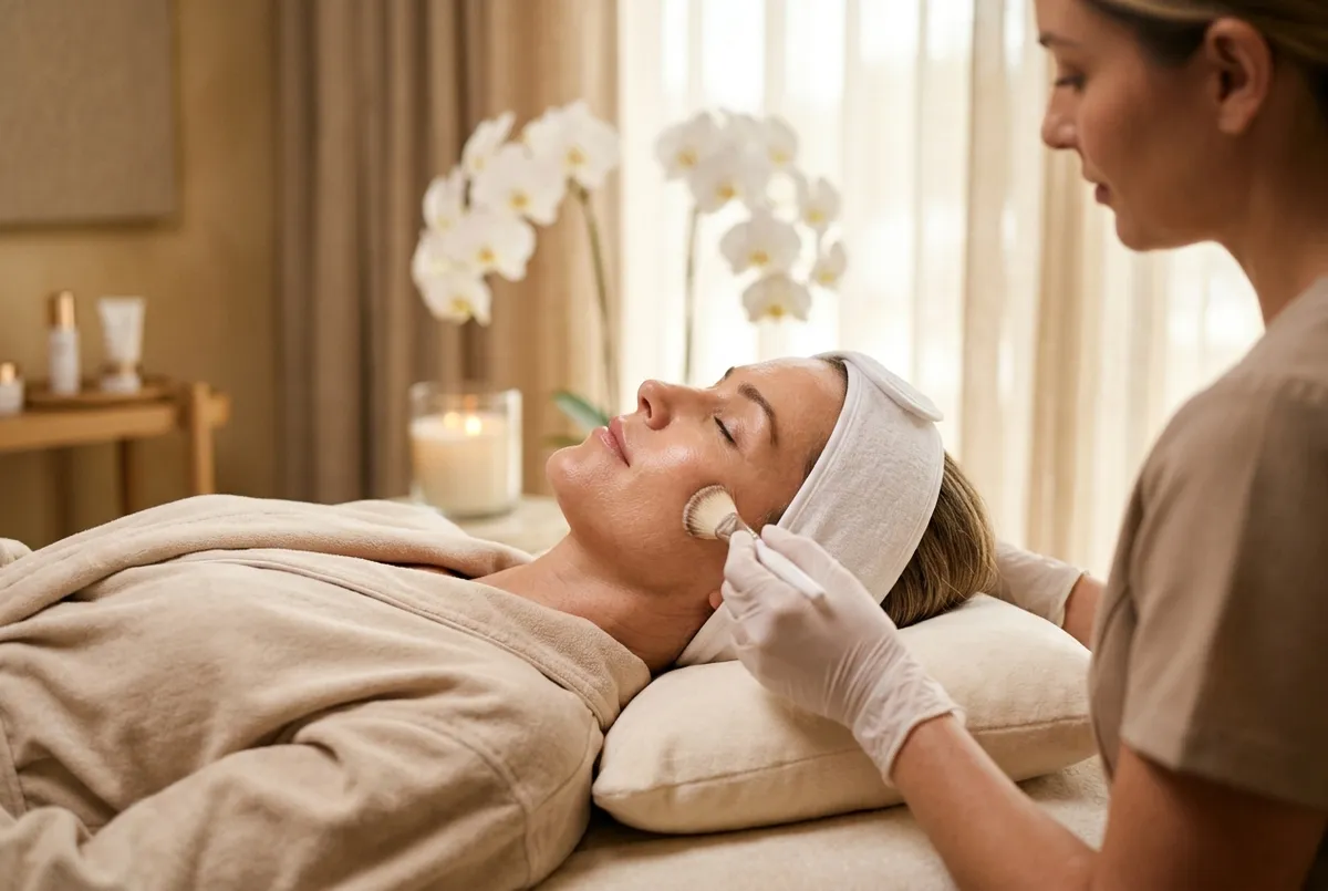 Sophisticated woman receiving a facial in an upscale serene treatment room