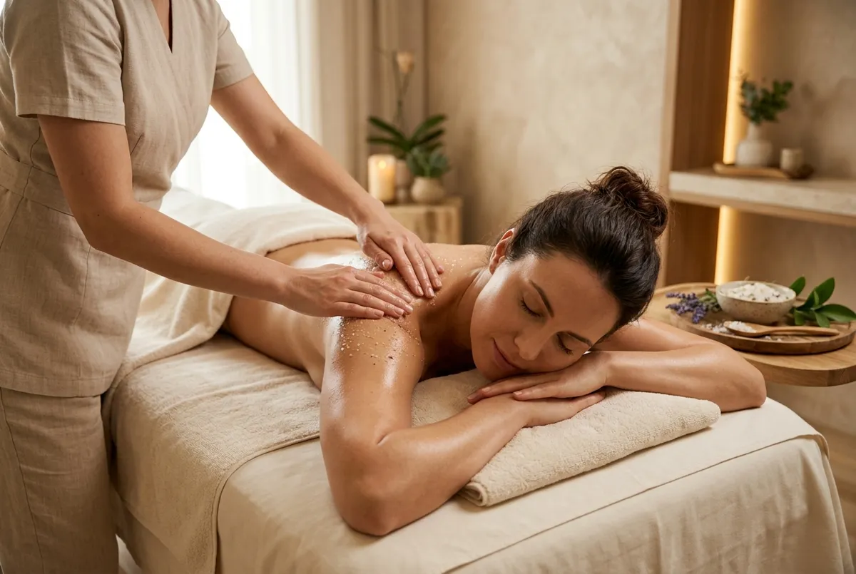 Exfoliating salt scrub applied to a relaxed woman's shoulders and back