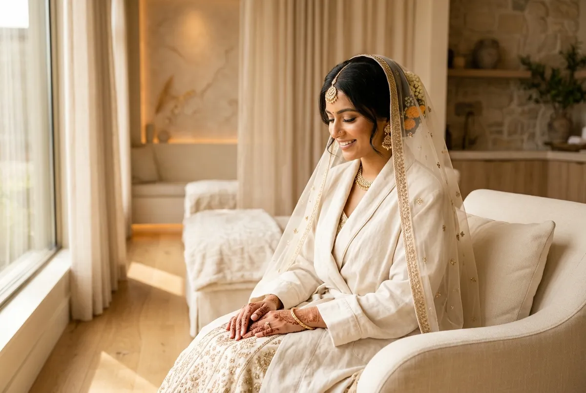 Radiant bride-to-be with luminous glowing skin and a soft veil in warm golden light