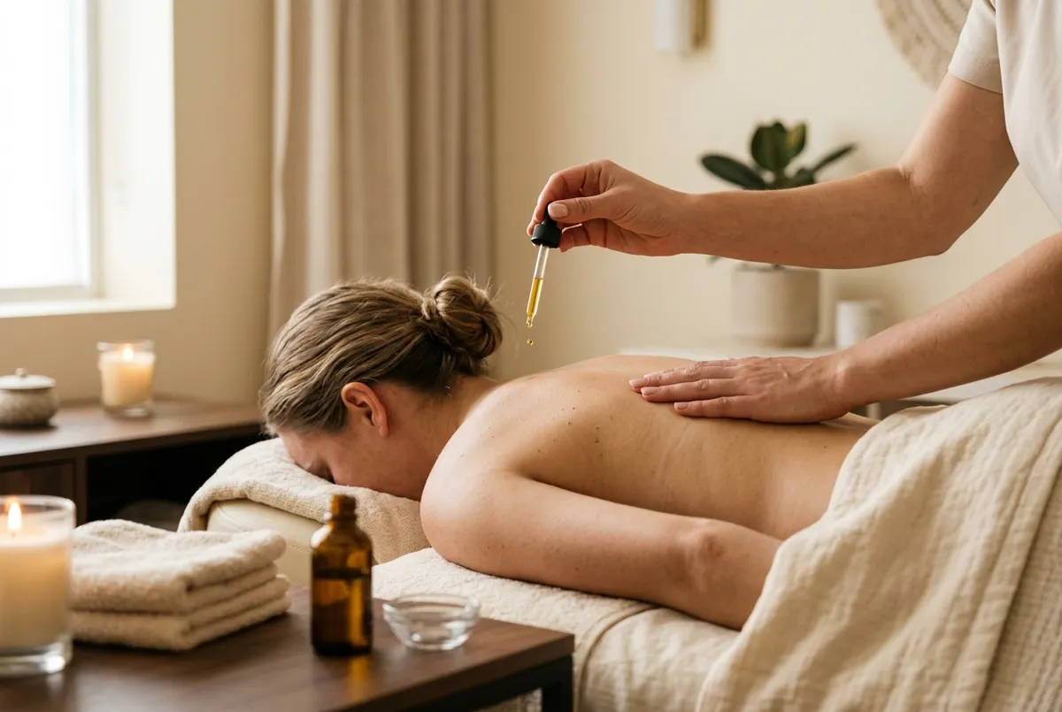 Therapist dispensing CBD oil from a dropper onto a relaxed client's back during massage