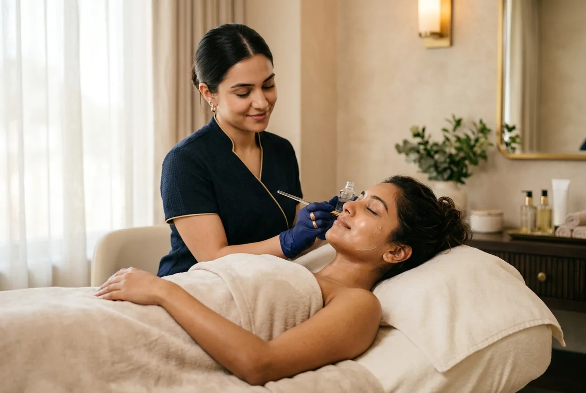 Esthetician brushing a clear peel serum onto a relaxed woman's cheek