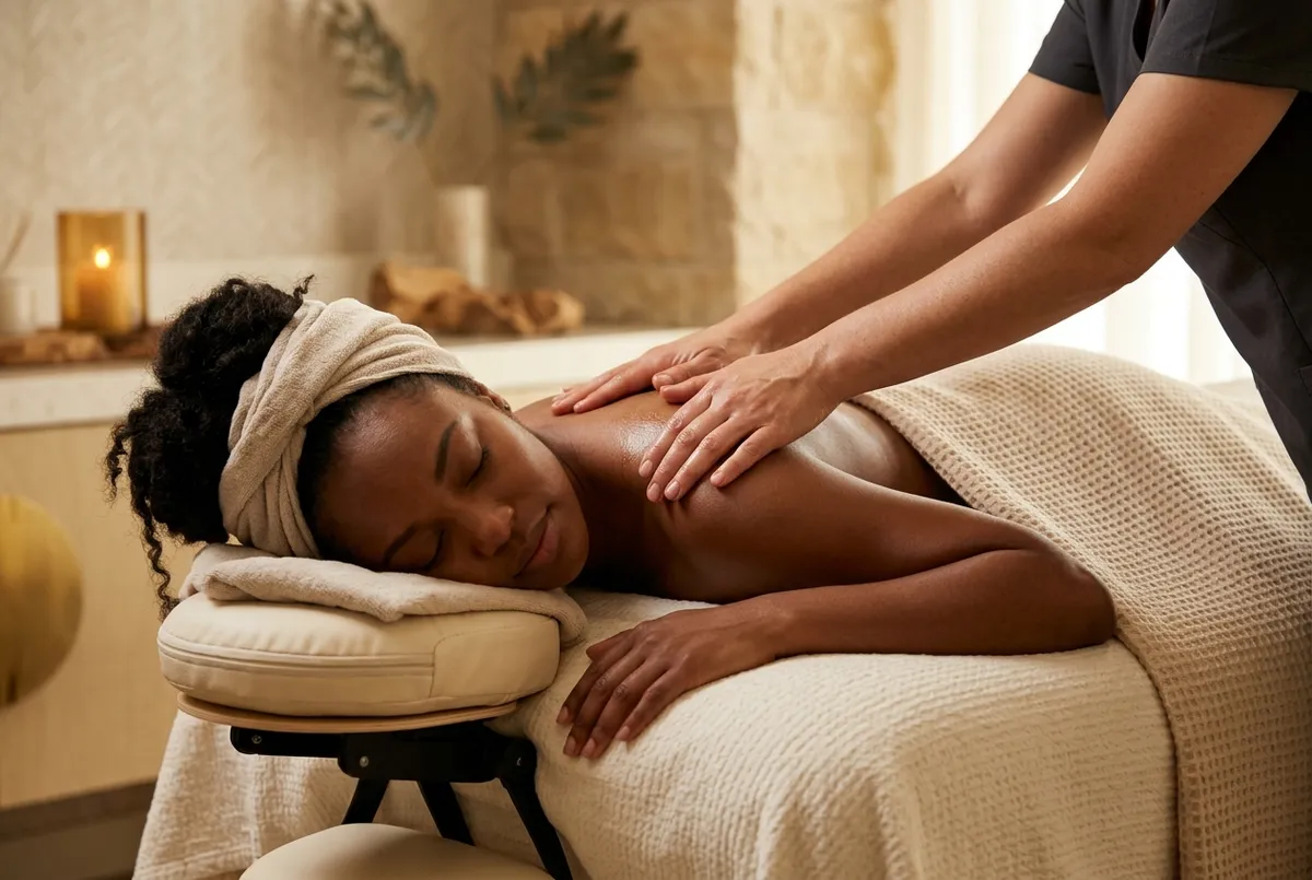 Therapist's oiled hands giving a relaxing massage on a woman's upper back
