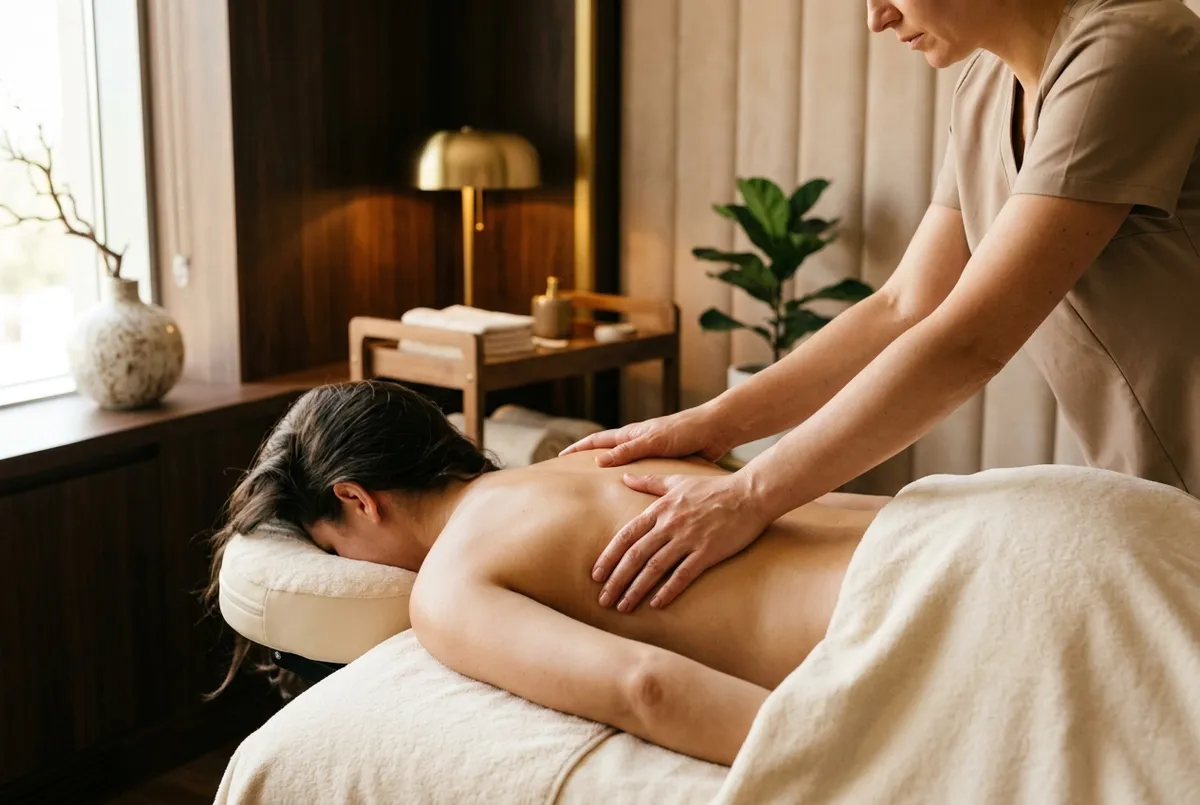 Therapist applying firm deep-tissue pressure along a relaxed client's upper back