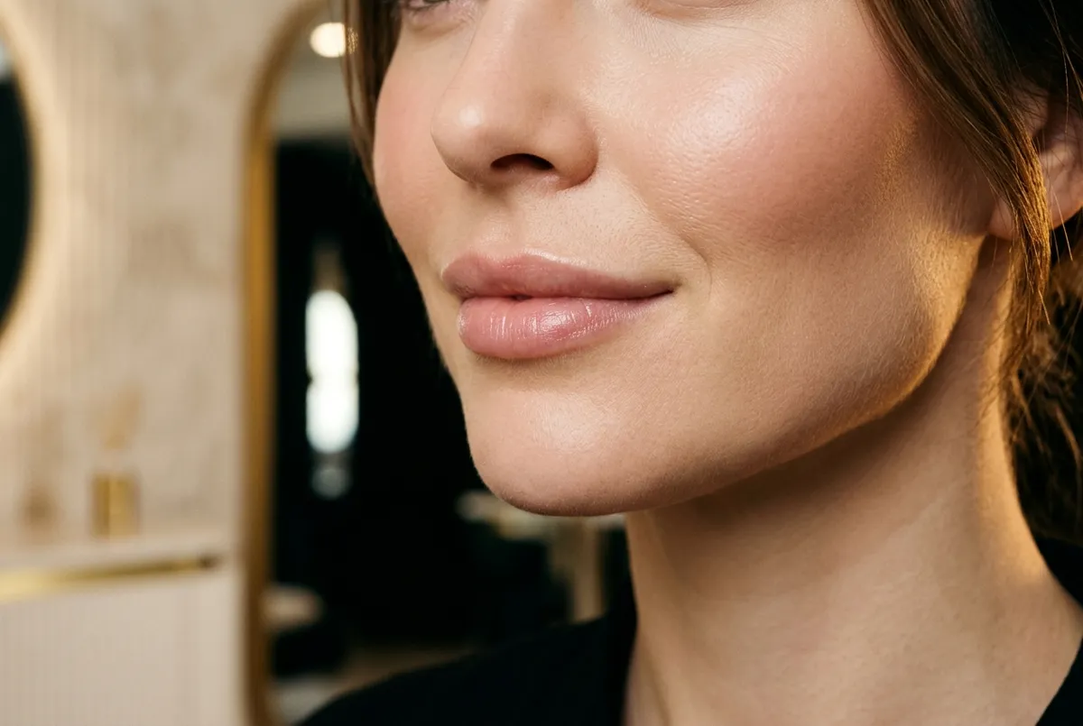 Beauty close-up of full natural-looking lips and a softly defined cheek contour
