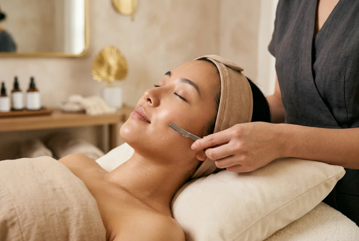 Dermaplaning blade gliding smoothly along the cheek of a serene woman with radiant skin during a facial