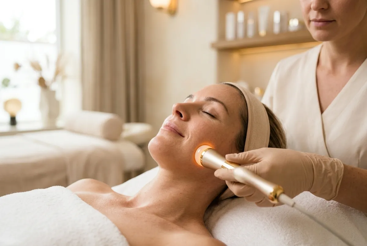 Radiofrequency wand gliding along a relaxed woman's cheek with a warm glow