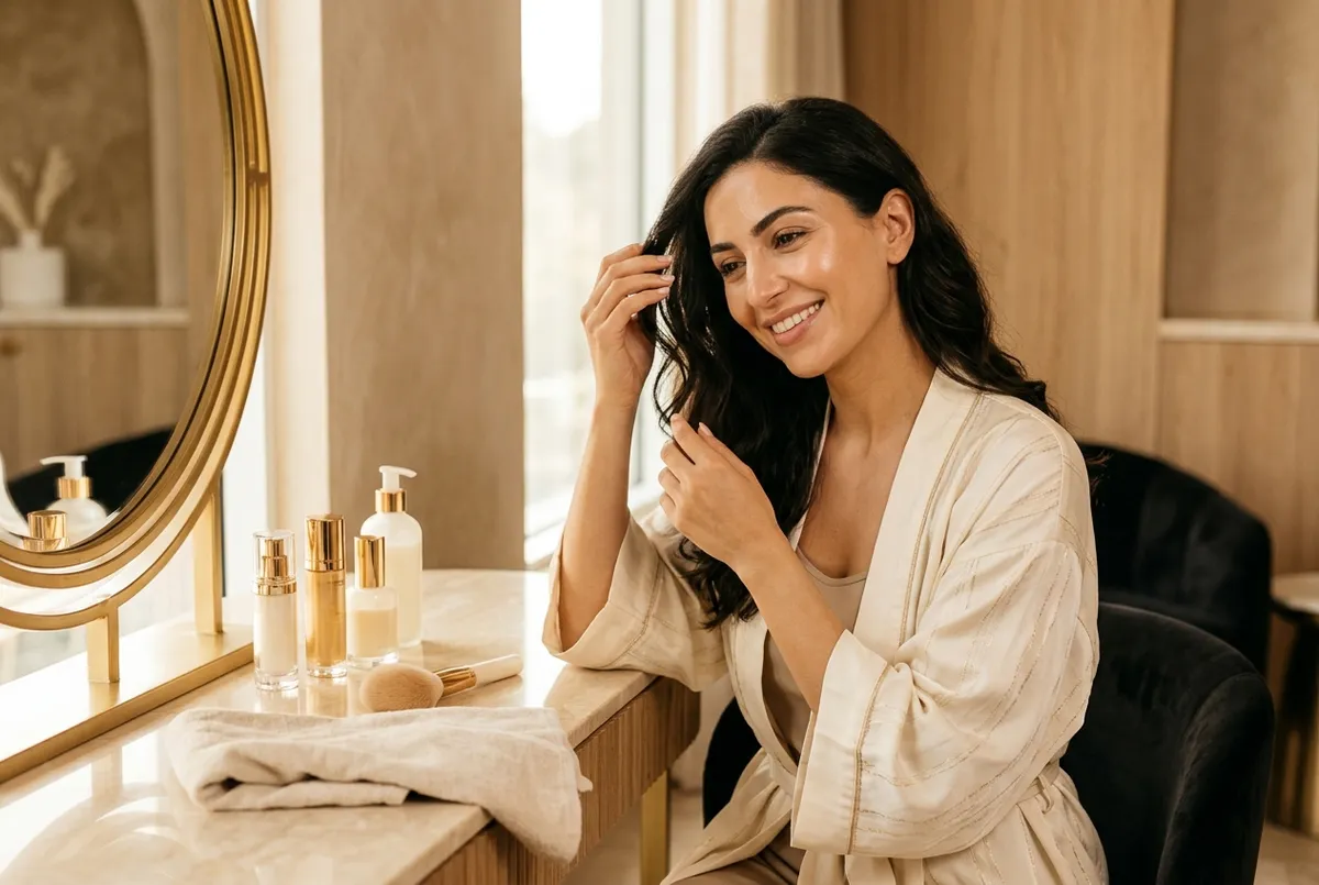 Radiant woman with a soft glam glow getting ready at an elegant vanity before an event