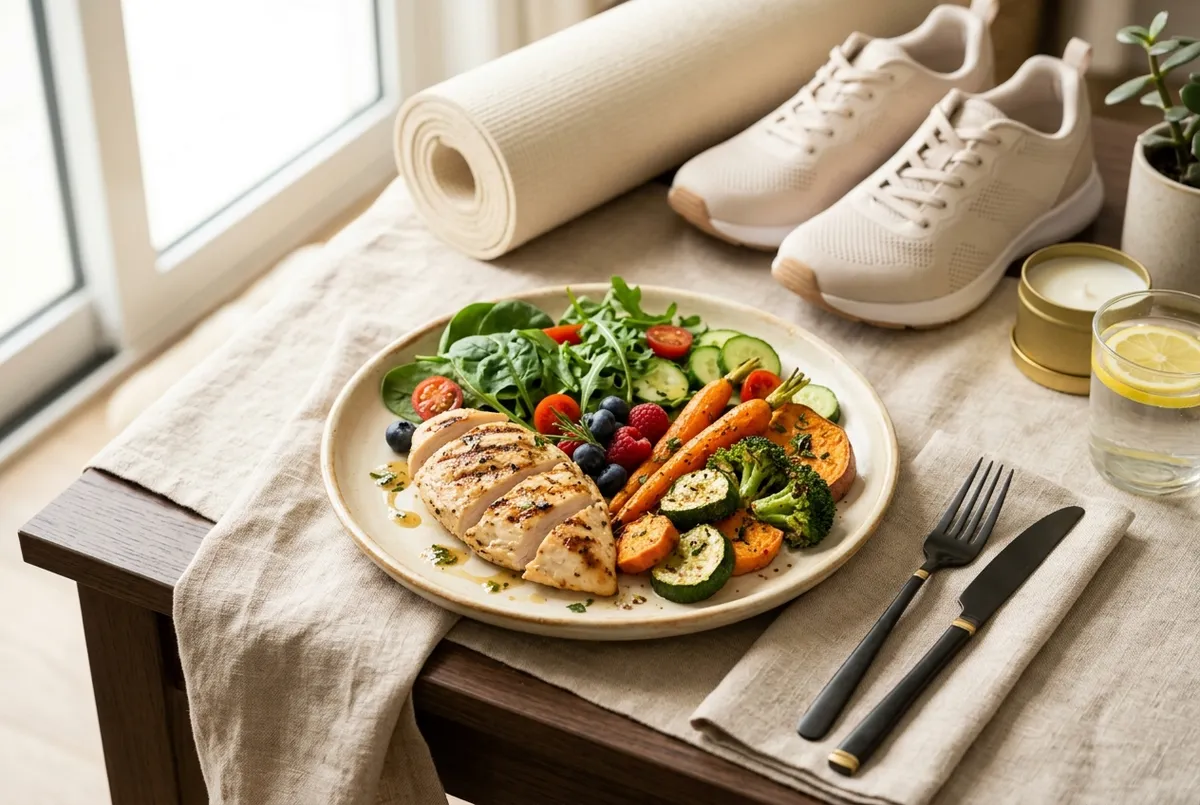 Healthy balanced plate beside walking shoes and a yoga mat for an active lifestyle