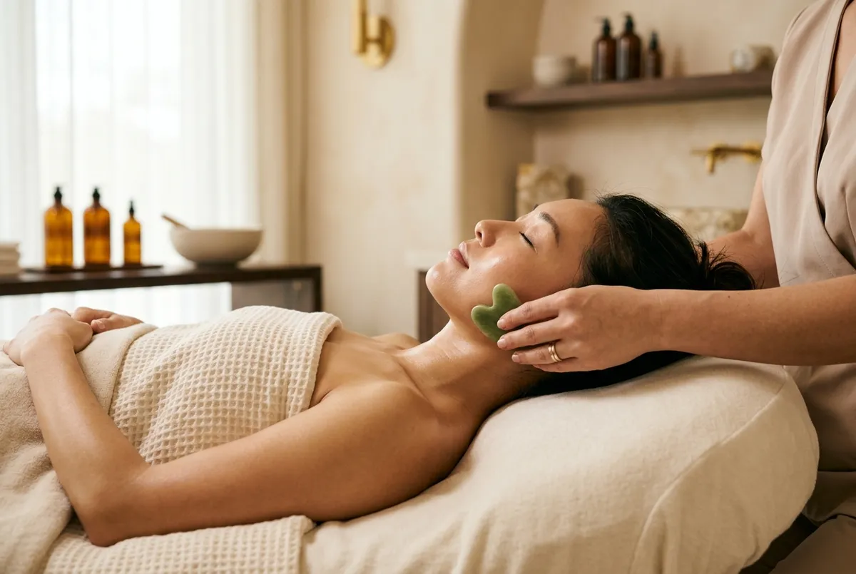 Rose gua sha stone gliding along the jawline of a serene woman during a facial massage