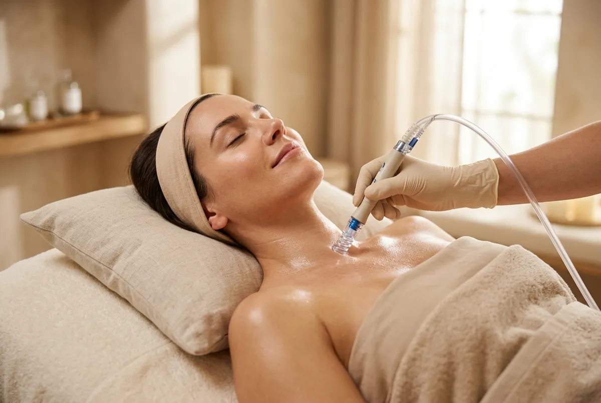 HydraFacial device treating a relaxed woman's neck and décolleté