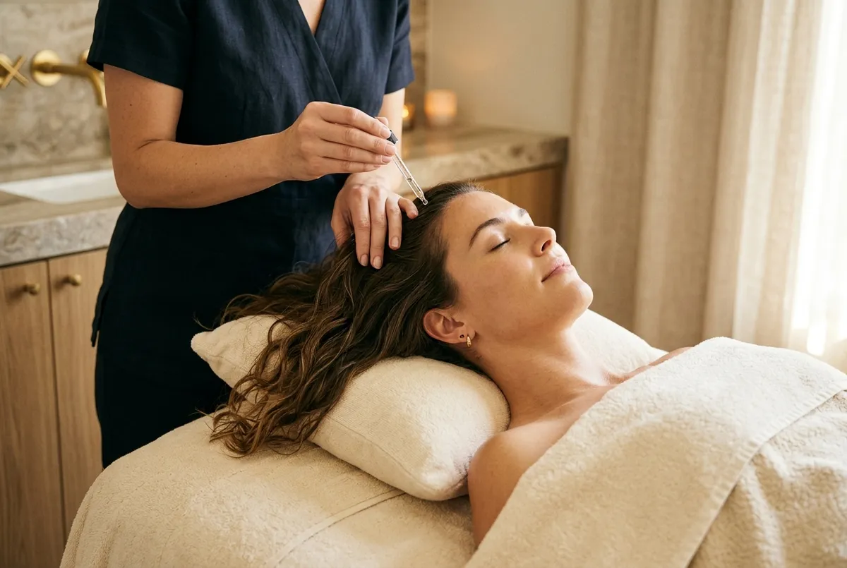 Aesthetician applying a nourishing serum to a relaxed woman's scalp and hair roots