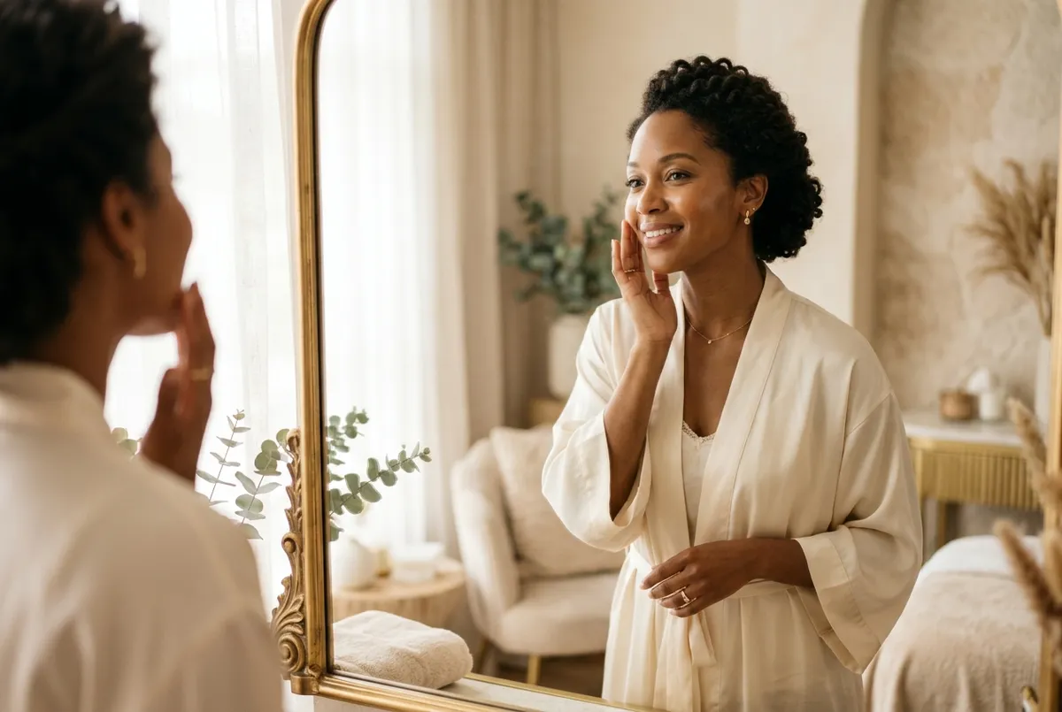 Woman admiring her radiant, glowing skin in soft mirror light
