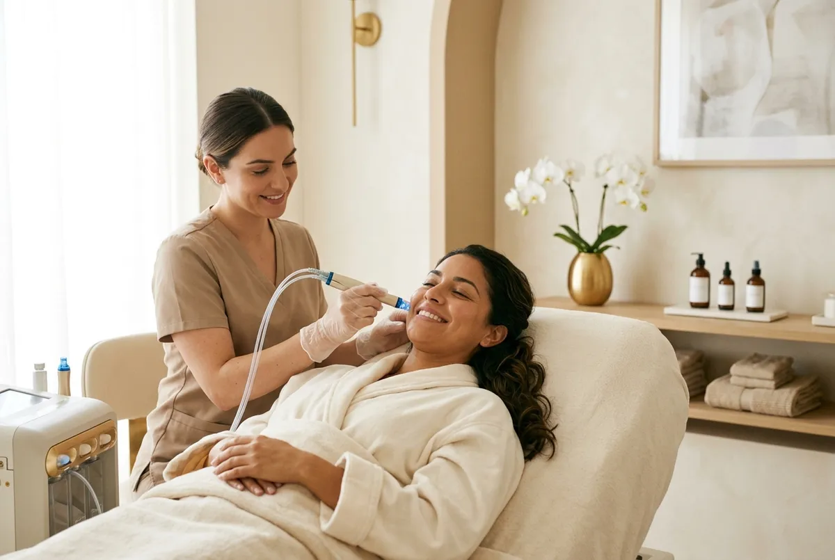 HydraFacial machine treating a smiling woman's face in a bright airy room