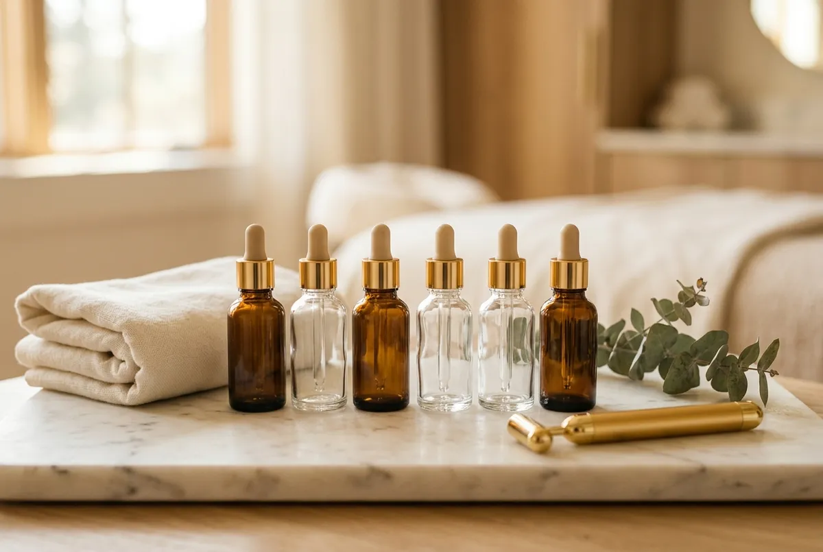 HydraFacial serum vials arranged on a clean marble tray