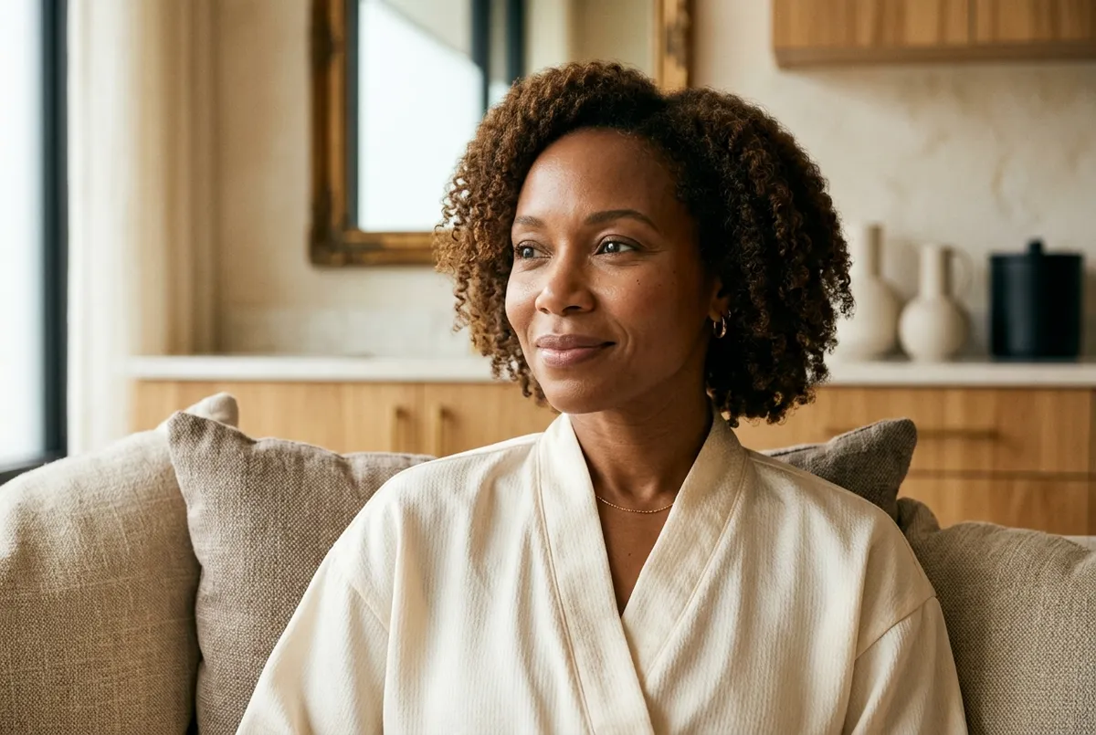 Close-up of a naturally refreshed woman with radiant, subtly rejuvenated skin in a warm spa setting