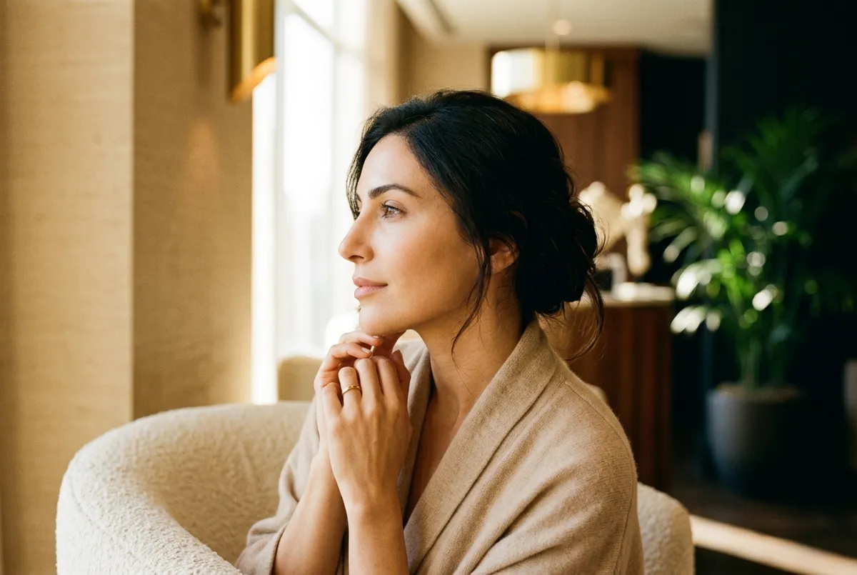 Elegant profile close-up of a woman's refreshed, firm face with a smooth jawline in warm golden light