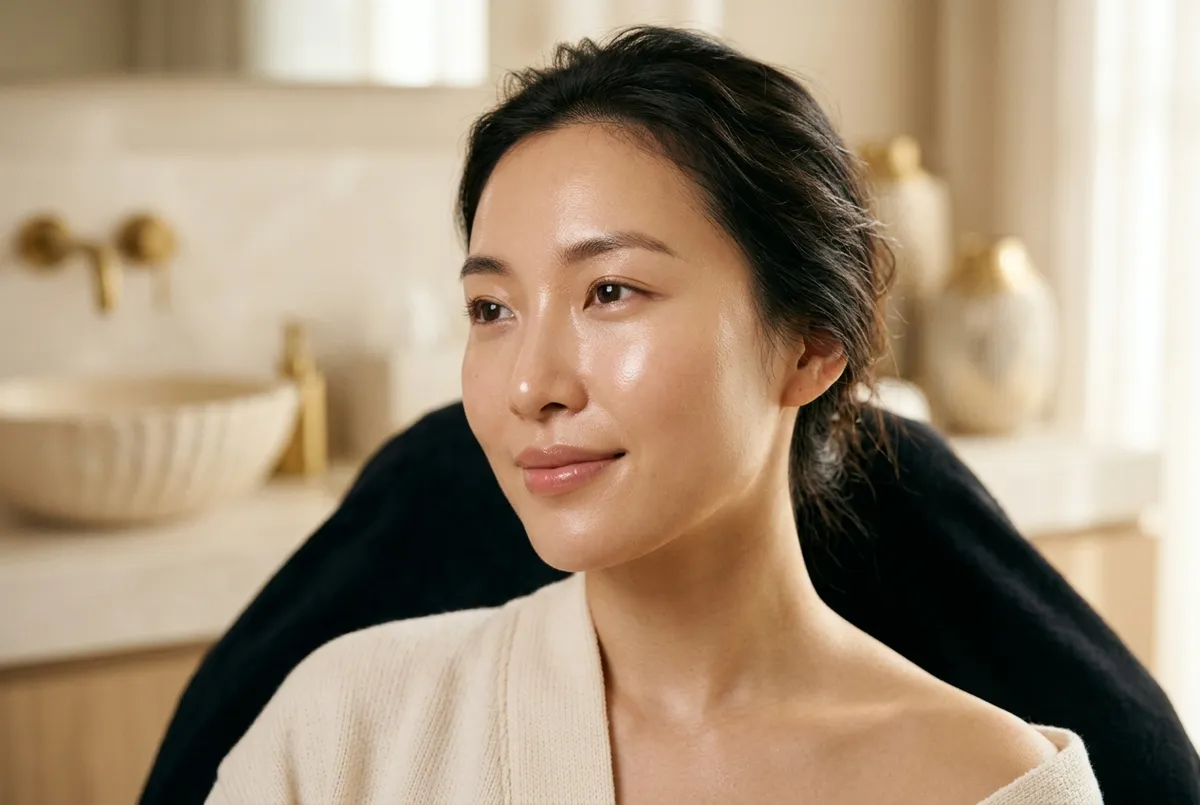 Serene woman with a luminous, dewy poreless glass-skin complexion in a warm upscale spa