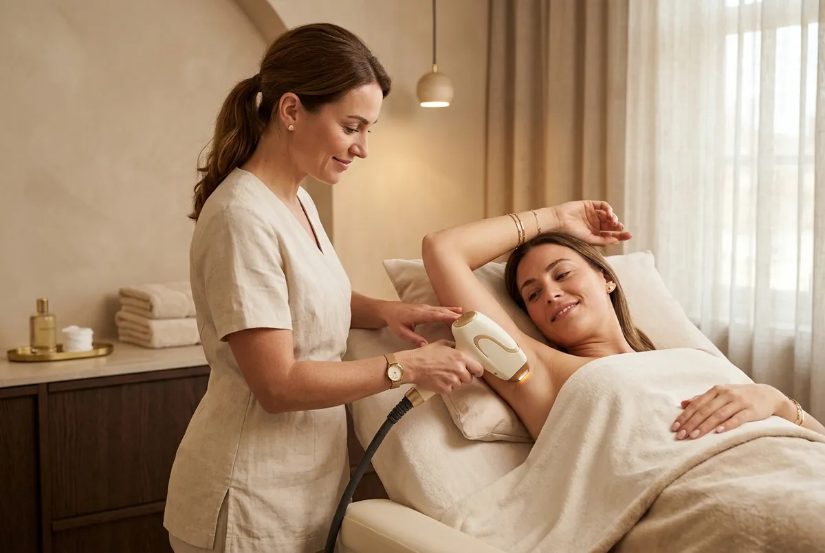 Esthetician using a laser hair removal device on a relaxed client's underarm in a warm spa room