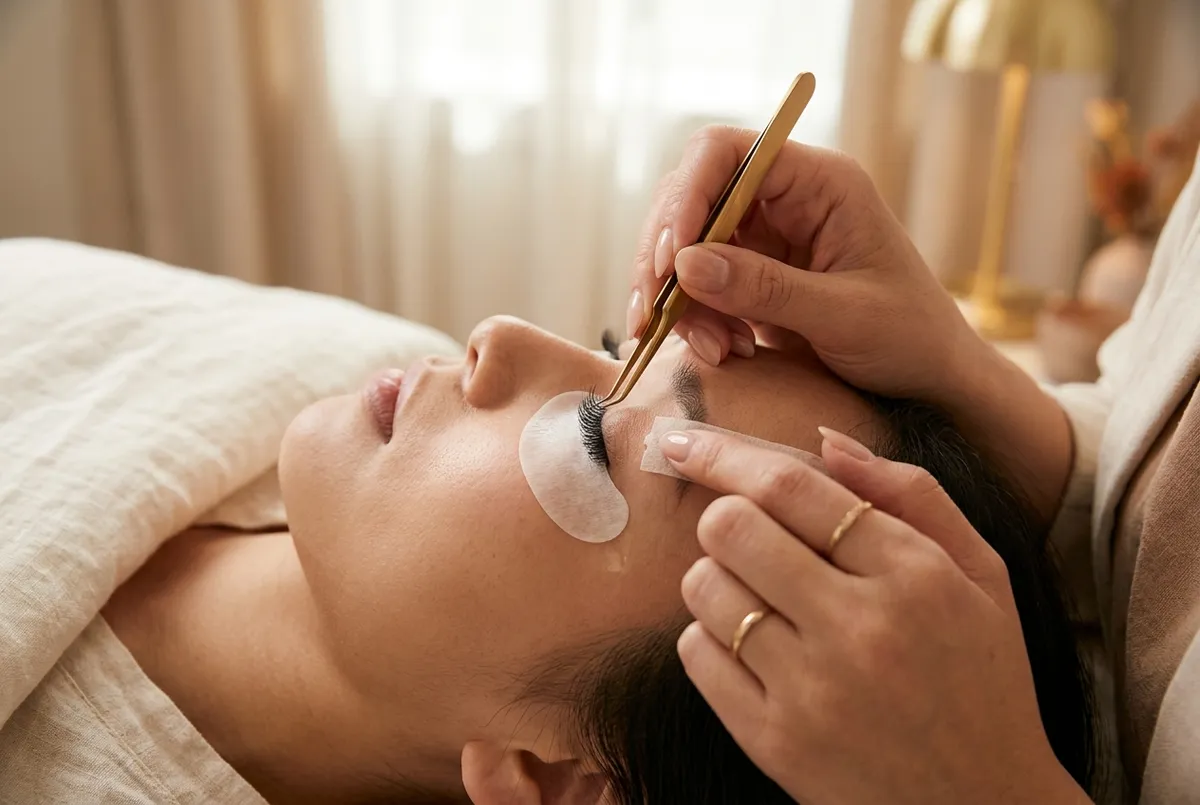 Macro close-up of long full eyelash extensions being applied with fine tweezers during a lash treatment