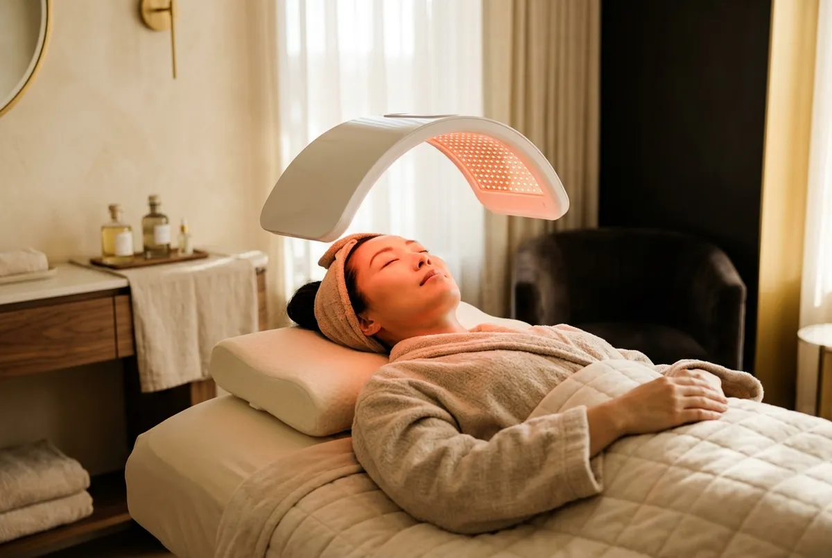Woman relaxing beneath a warm red and amber LED light therapy panel in an upscale spa