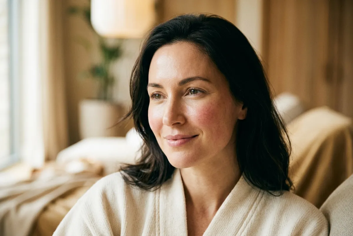 Woman with a calm, even complexion and visibly reduced facial redness in a warm spa setting