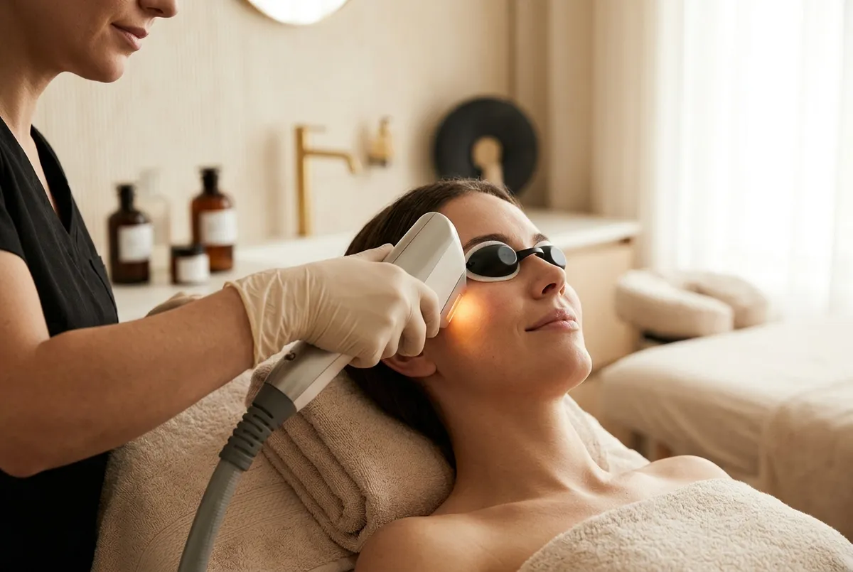 IPL handpiece delivering a bright flash of light against a woman's cheek during a Lumecca treatment