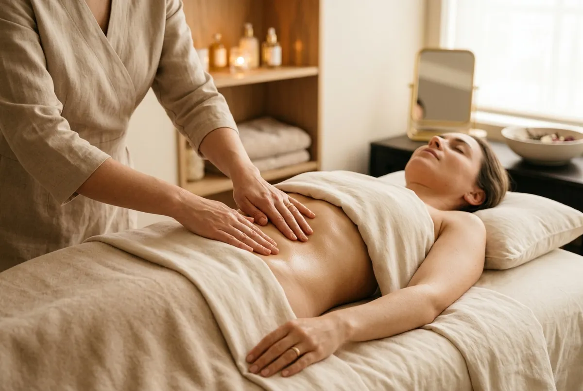 Therapist performing a gentle lymphatic drainage sculpting massage on a relaxed woman's abdomen