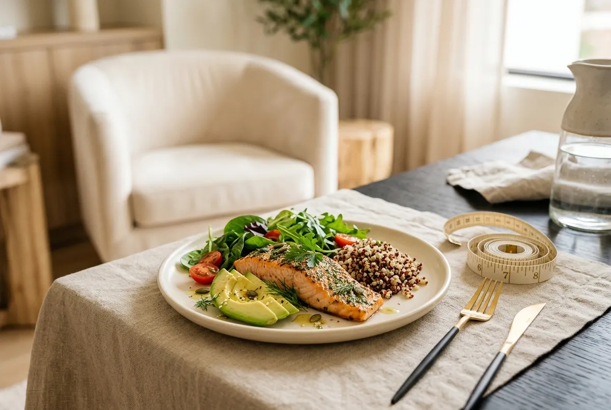 Fresh colorful healthy plated meal with a tailor's measuring tape on a linen table