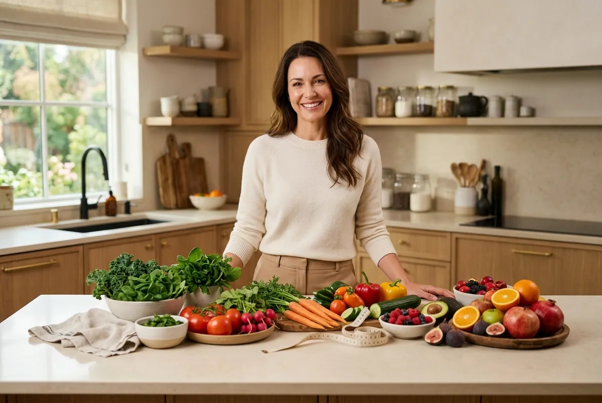 Vibrant healthy woman smiling in a warm kitchen with fresh whole foods and a measuring tape