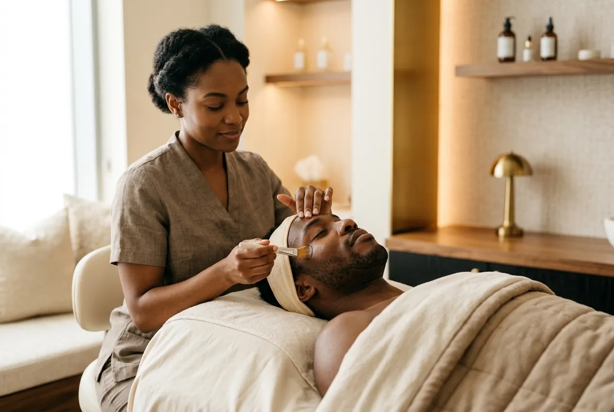Relaxed man receiving a modern facial treatment from an esthetician in a warm spa treatment room