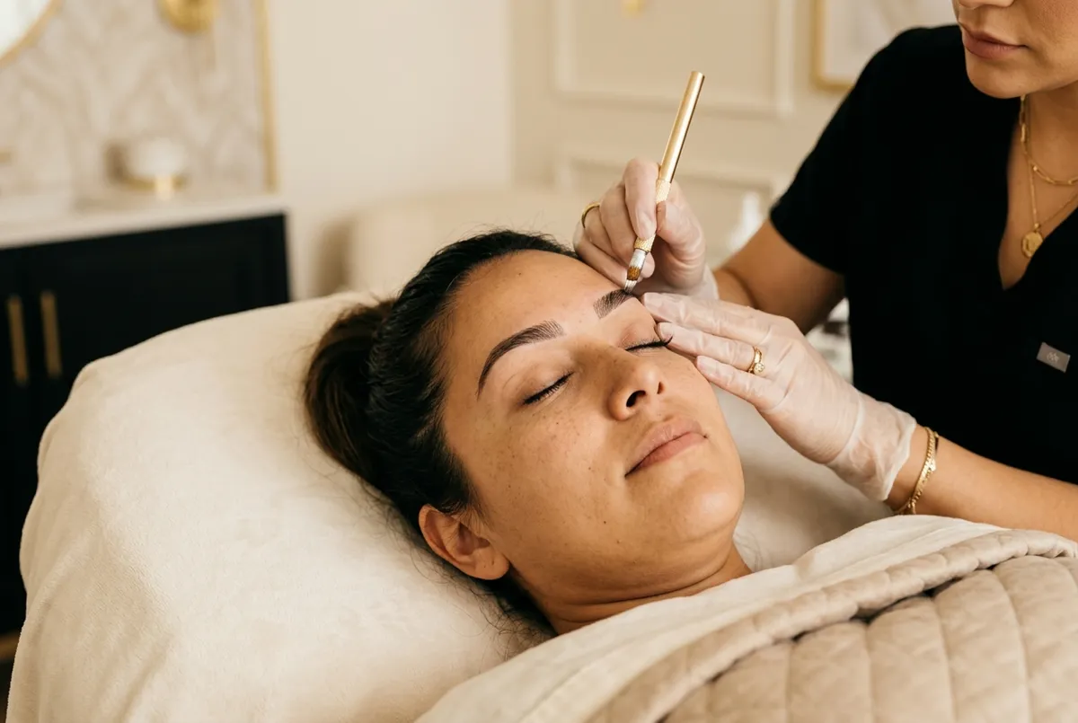Close-up of full, defined eyebrows being shaped with a fine microblading tool during treatment