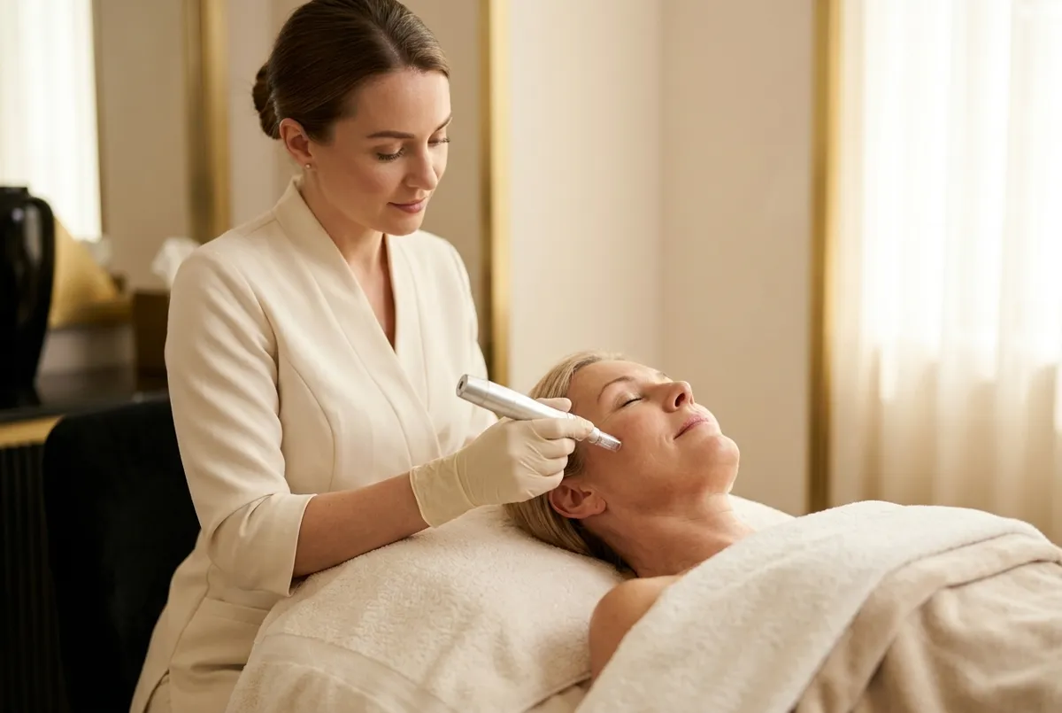 Esthetician performing a microneedling treatment on the radiant skin of a serene mature woman in a warm spa room