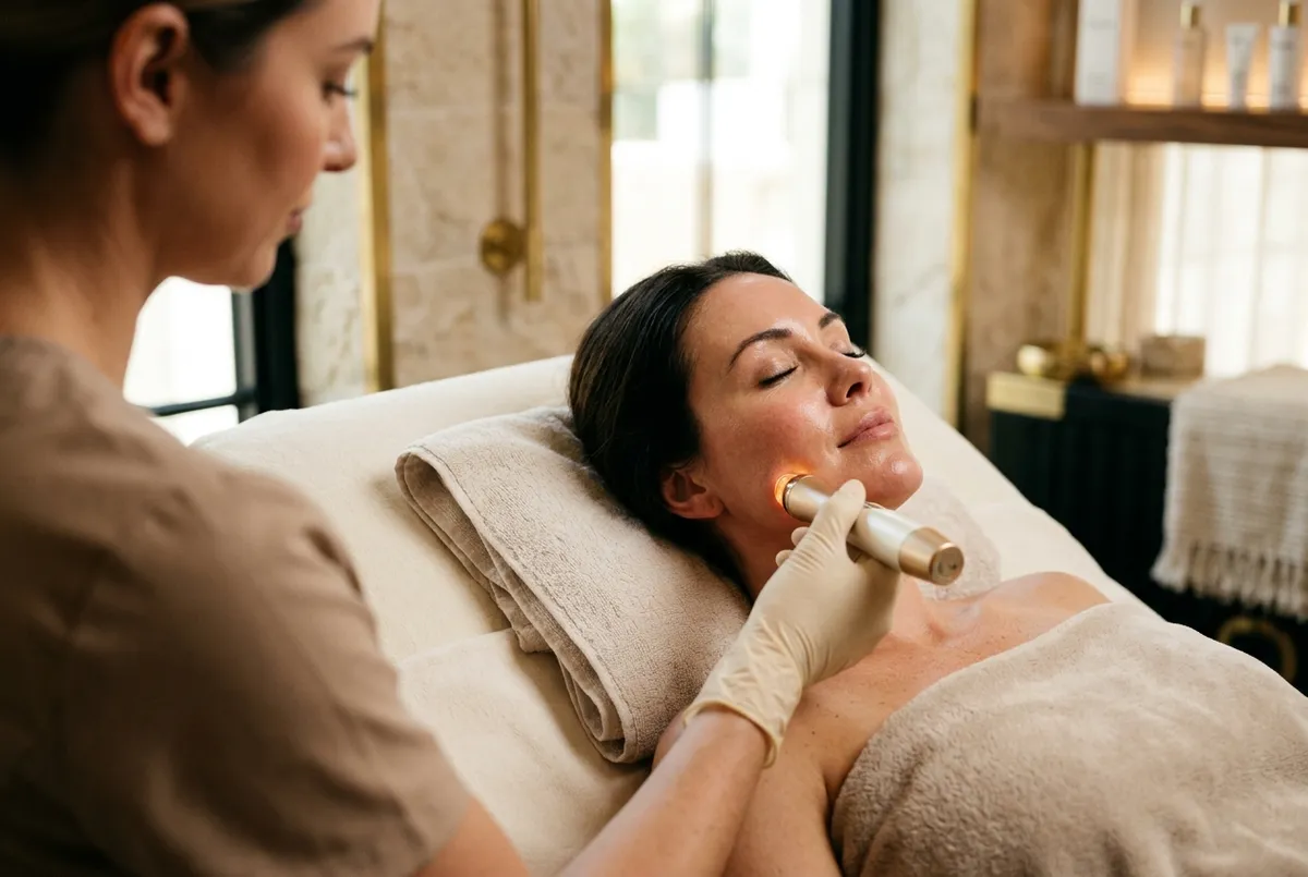 Woman receiving RF microneedling on her cheek and jawline, skin visibly firm and luminous