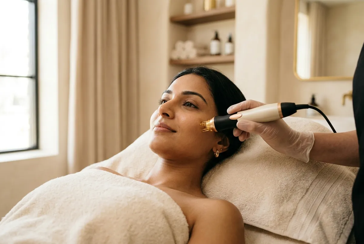 RF microneedling handpiece with fine gold tips being applied to a relaxed woman's cheek
