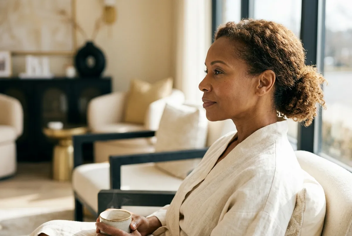 Elegant profile of a mature woman with a firm, lifted jawline in a warm luxury spa