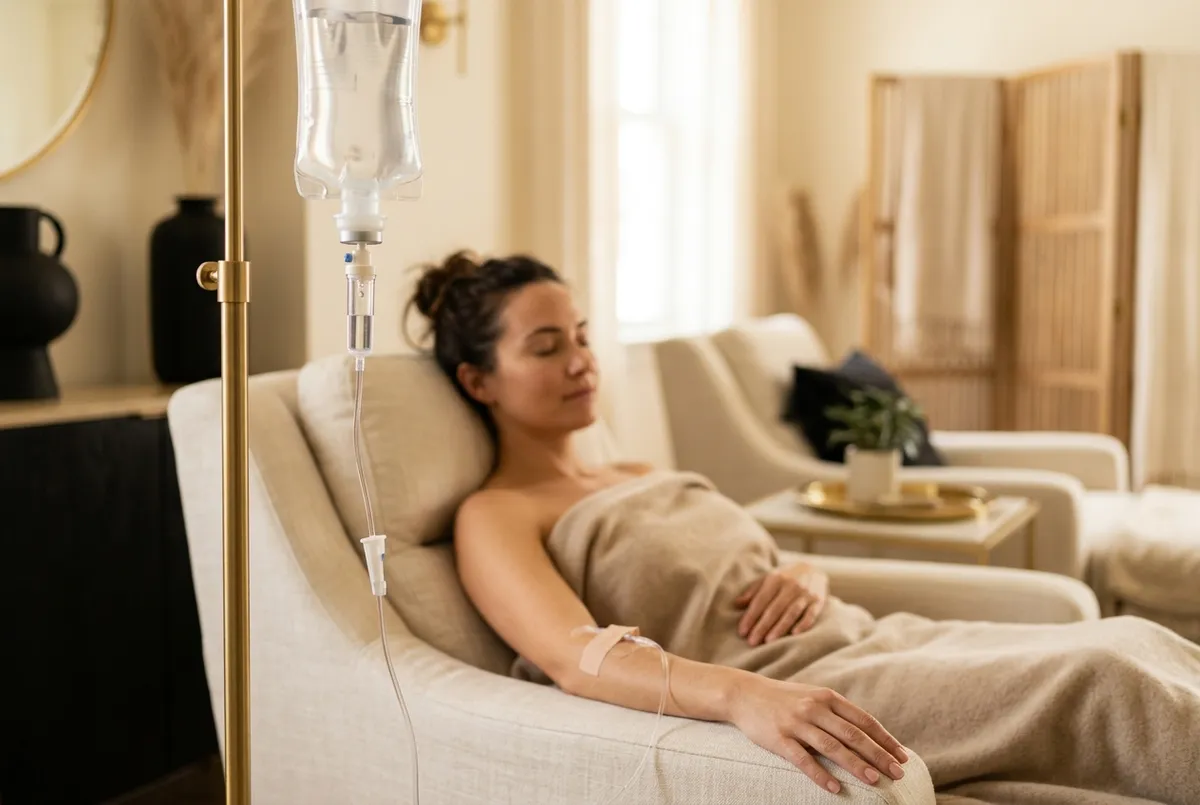 Wellness IV drip on a gold stand beside a client reclining in a cream lounge chair
