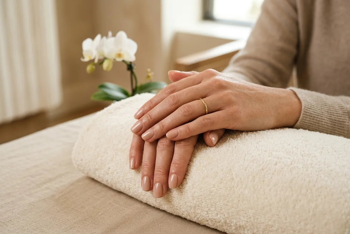 Elegant manicured hands with glossy nude gel polish resting on a cream towel beside an orchid