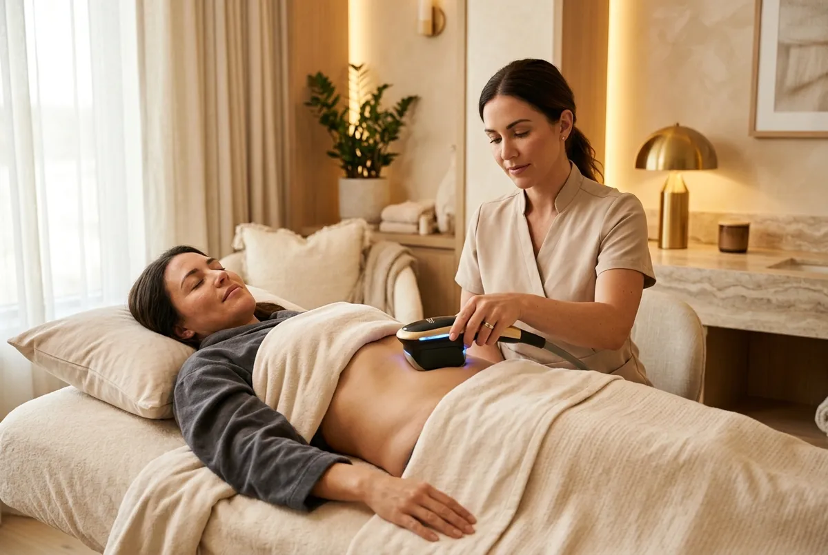 Aesthetician gliding a sleek body-contouring applicator across a relaxed woman's abdomen in a warm luxury spa