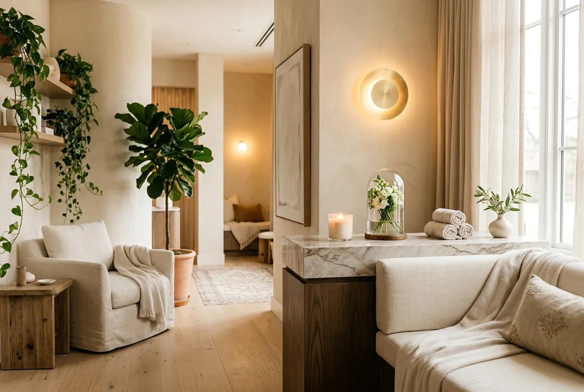 Welcoming boutique med-spa lounge with plush cream seating, warm oak, gold accents and lush greenery