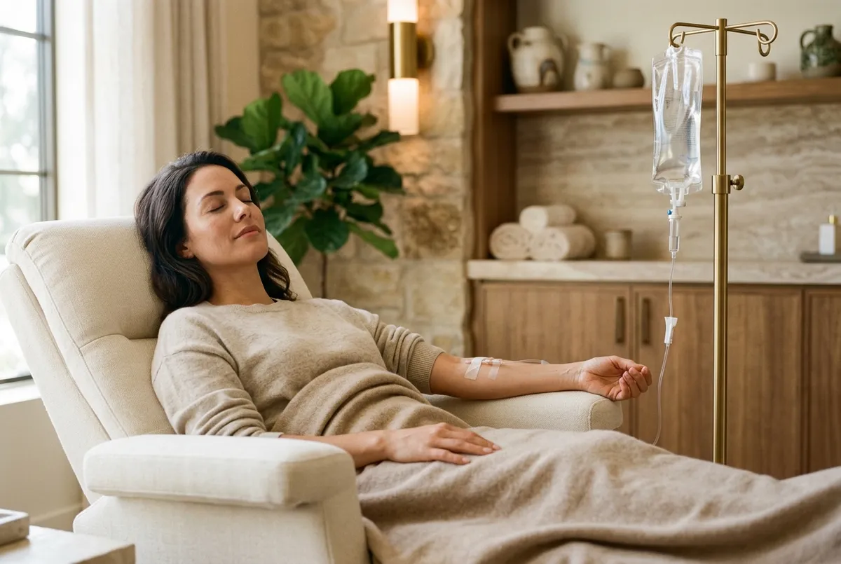 Calm woman reclining in a plush chair receiving a wellness IV vitamin drip in a warm luxury spa