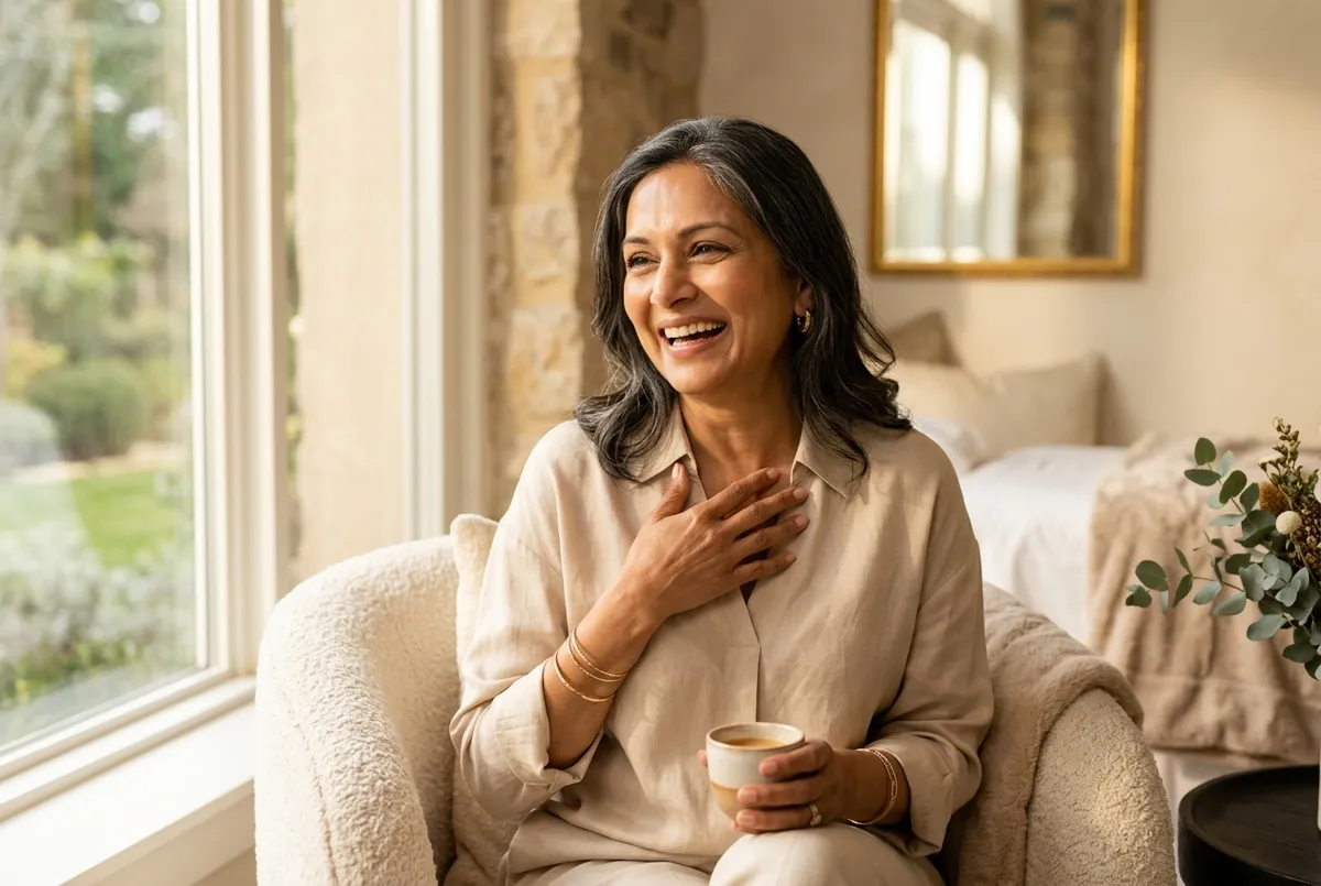 Vibrant glowing mature woman laughing with luminous skin near a sunlit window in a warm wellness space