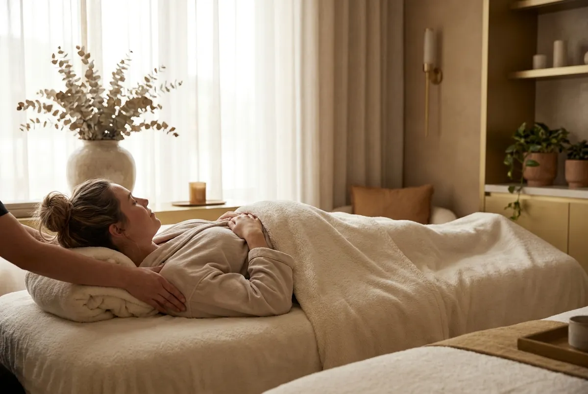 Expectant mother resting during a gentle prenatal massage in a warm, calming spa room