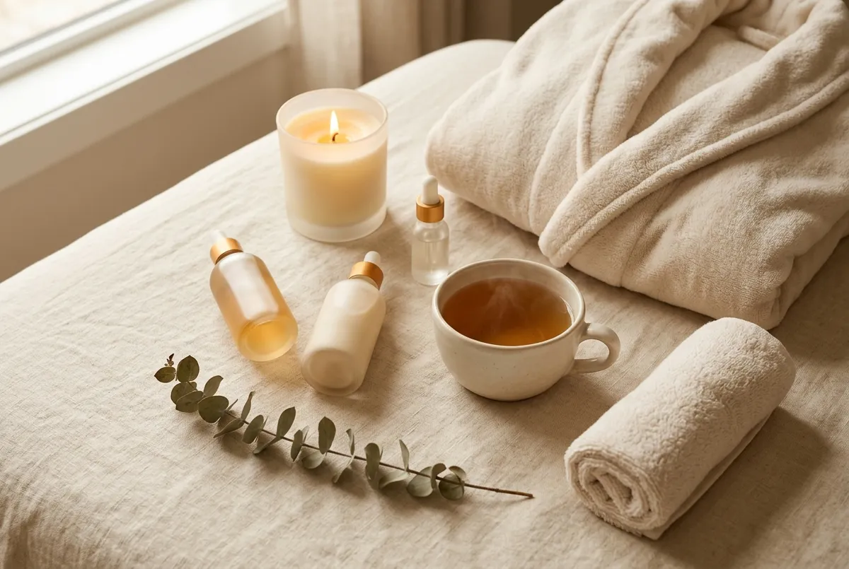 Cozy self-care flatlay with a lit candle, skincare bottles, folded robe and herbal tea on warm linen