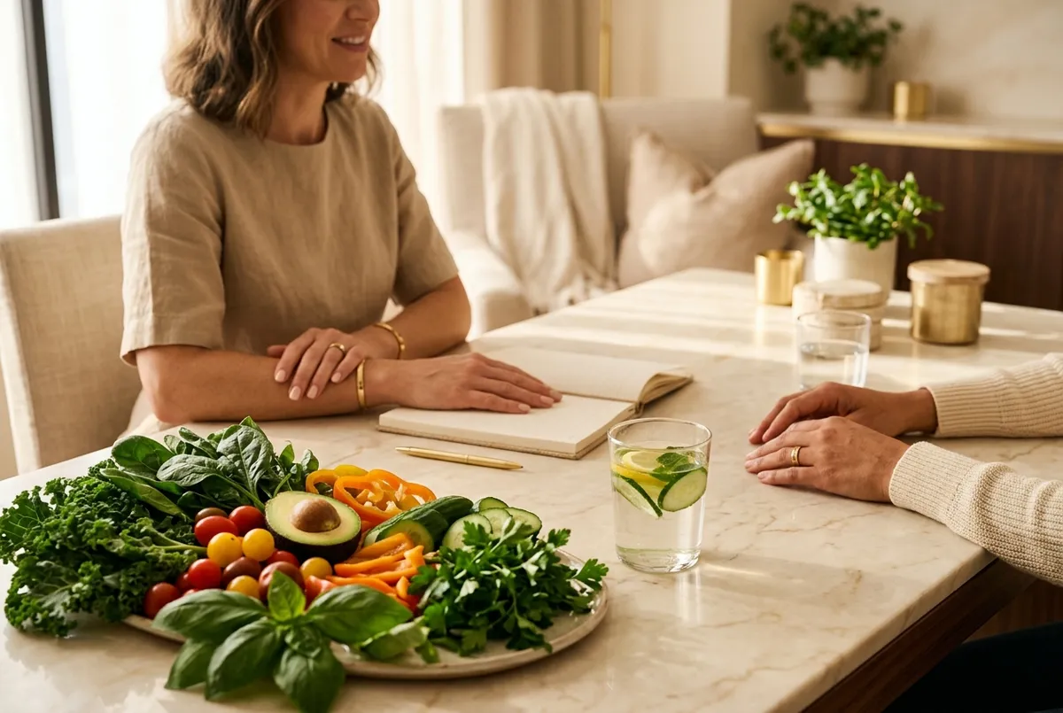 Fresh colorful vegetables and infused water on a marble table during a warm wellness consultation
