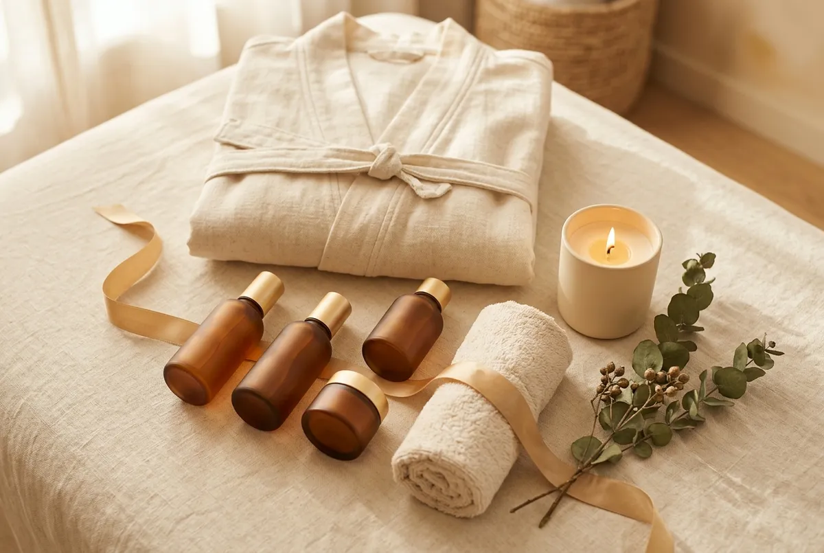 Beautifully arranged spa gift set with a folded cream robe, candle, products and eucalyptus on linen